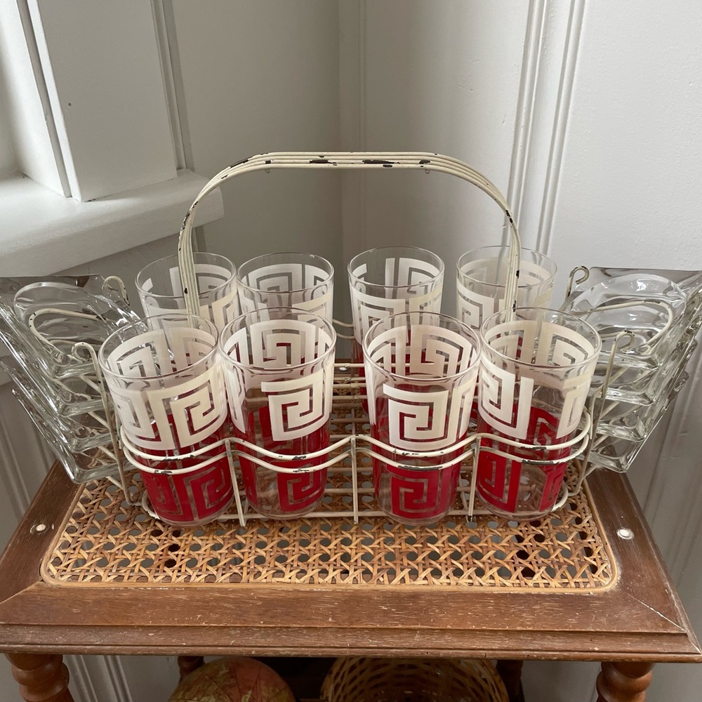 Vintage MCM Glasses and Ashtrays in Caddy